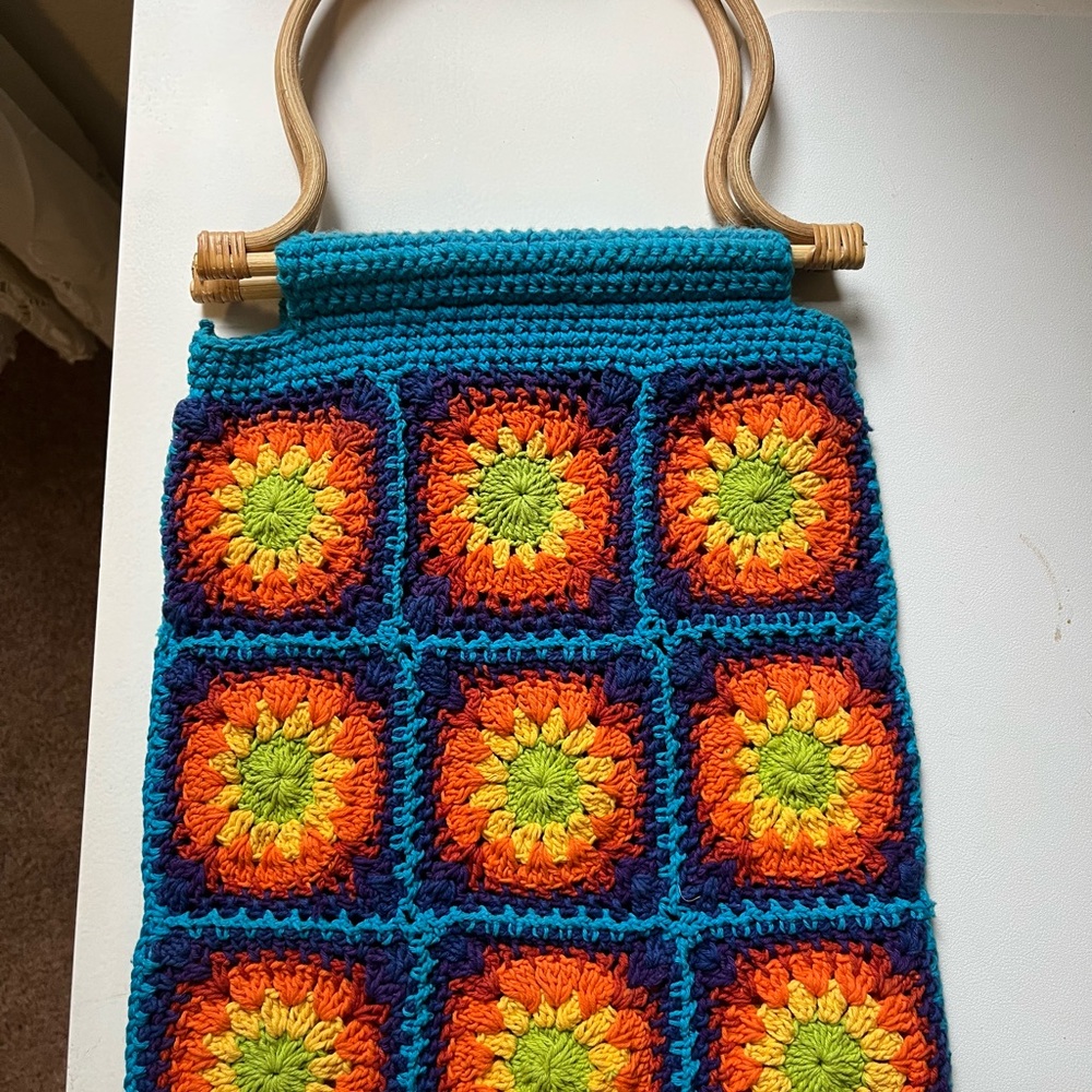 Colorful Crochet Granny Square Handbag with Wooden Handles